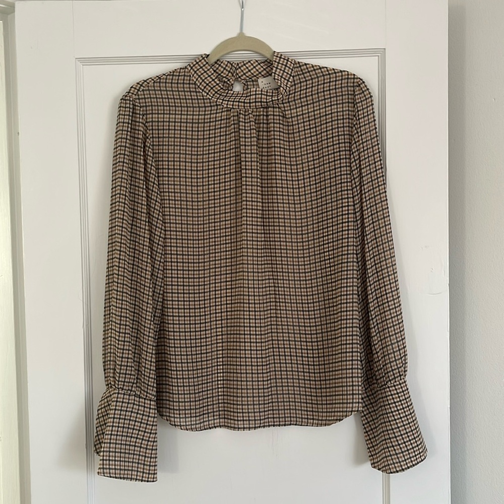 Mock Neck Checkered Blouse